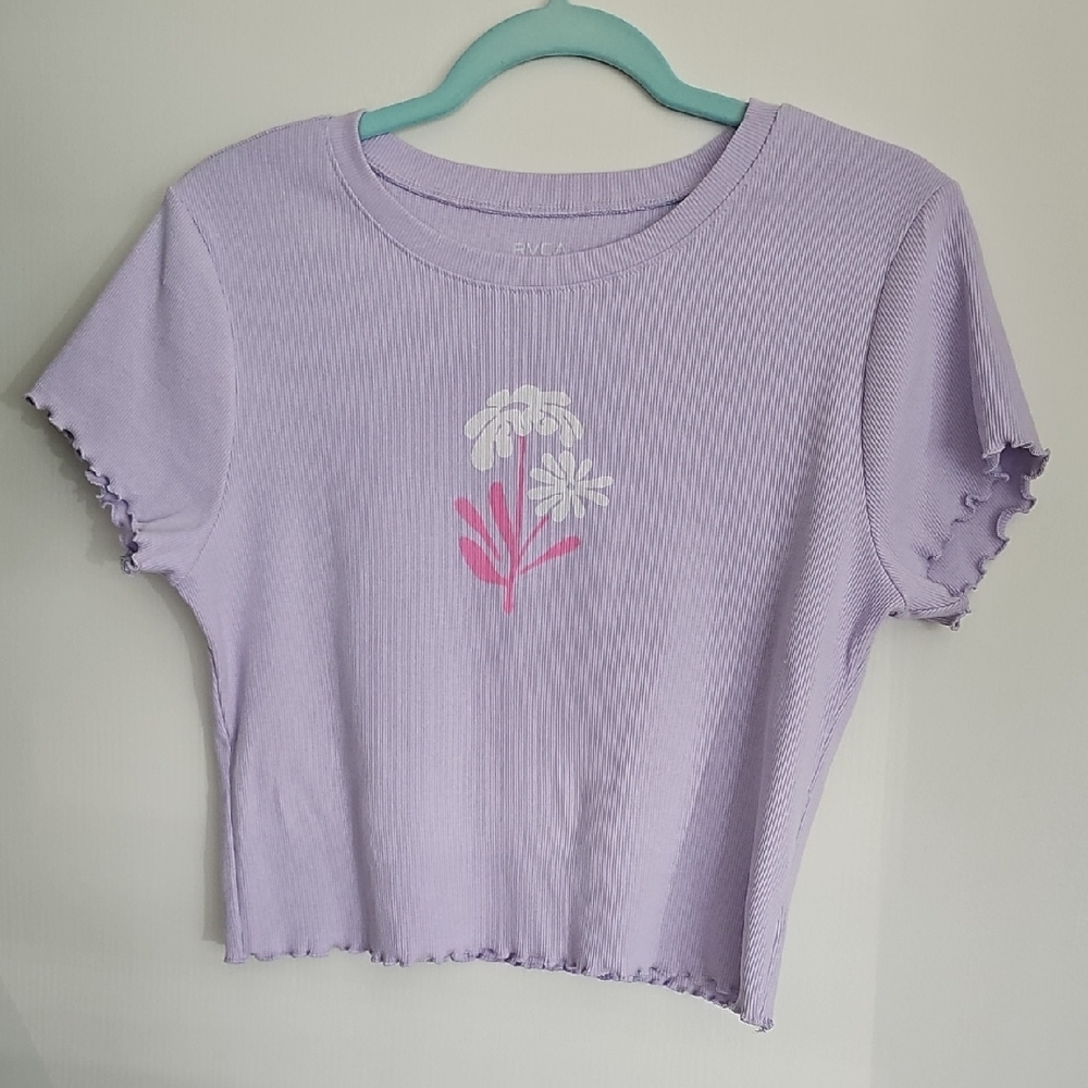 RVCA Purple Cropped Ribbed Baby T with Floral Design